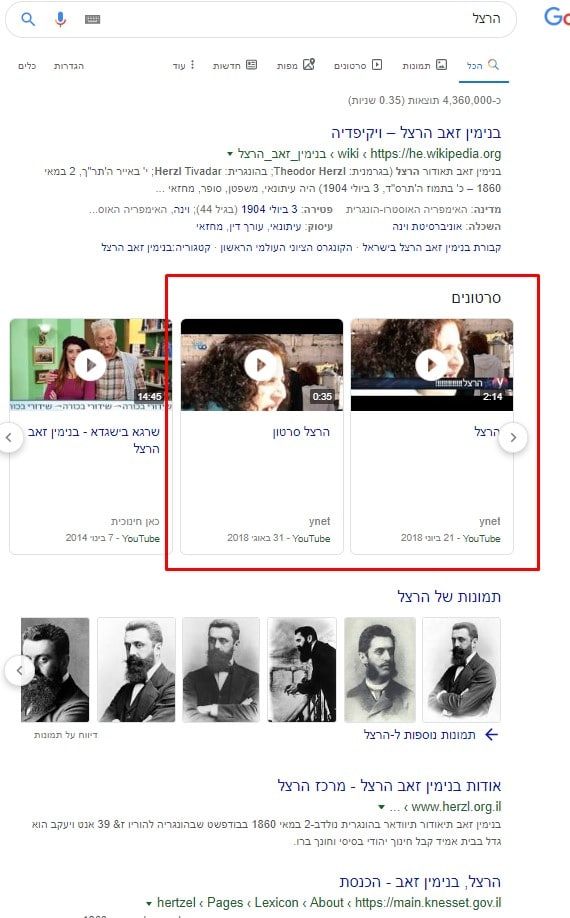 צילום מסך מתוך גוגל לביטוי "הרצל"